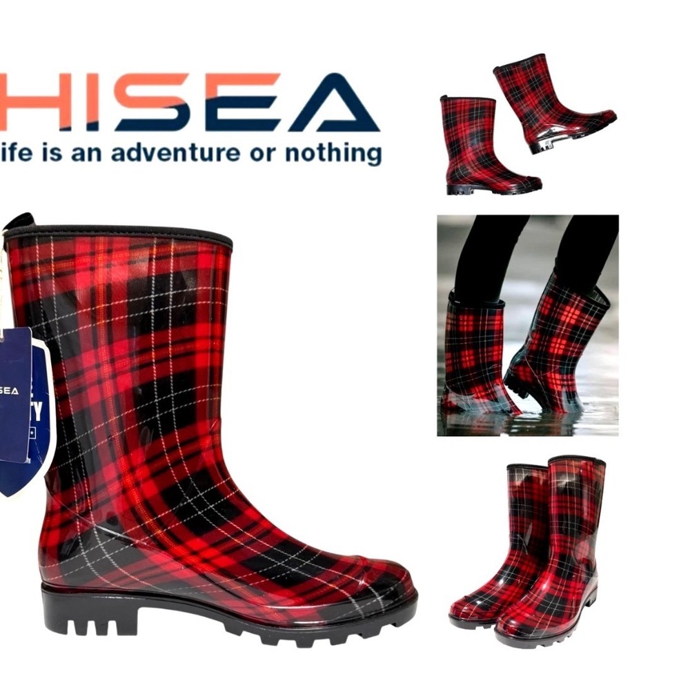HISEA‎ Womens Red Black Plaid Rain Boots Mid Calf Waterproof Glossy Size 10 NEW